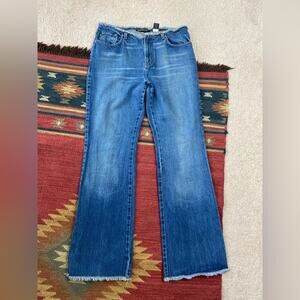 Express Vintage Y2K Blue Flare Wide Leg Jeans with Raw Hem Size 12